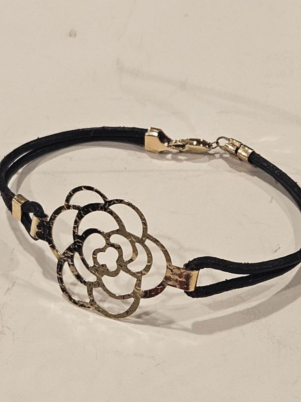 Real 14K Gold Openwork Camellia Rose Flower Double Strand Cord Bracelet 6.5"